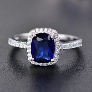 Blue Sapphire Rectangular Diamond Halo Silver Ring